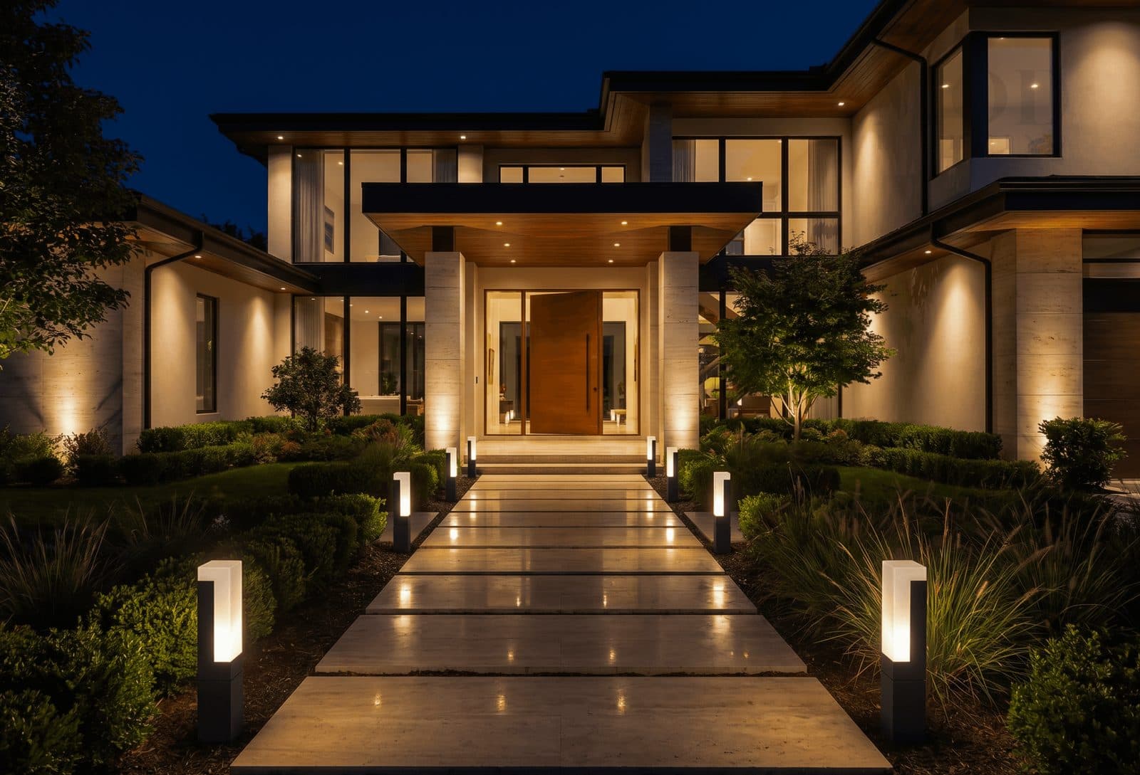 Custom home glowing at dusk with a lit walkway
